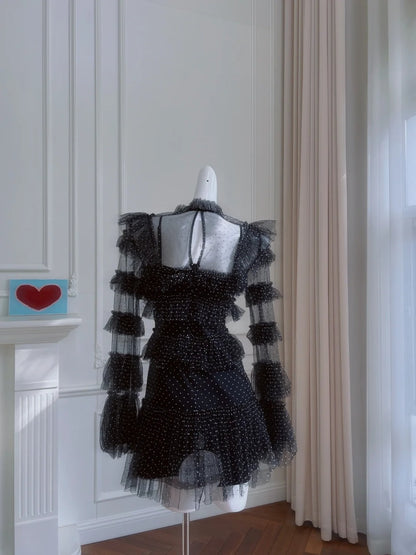 Unique Long Sleeve Black Homecoming Dress Dots Tulle A-Line Birthday Dress GG6012