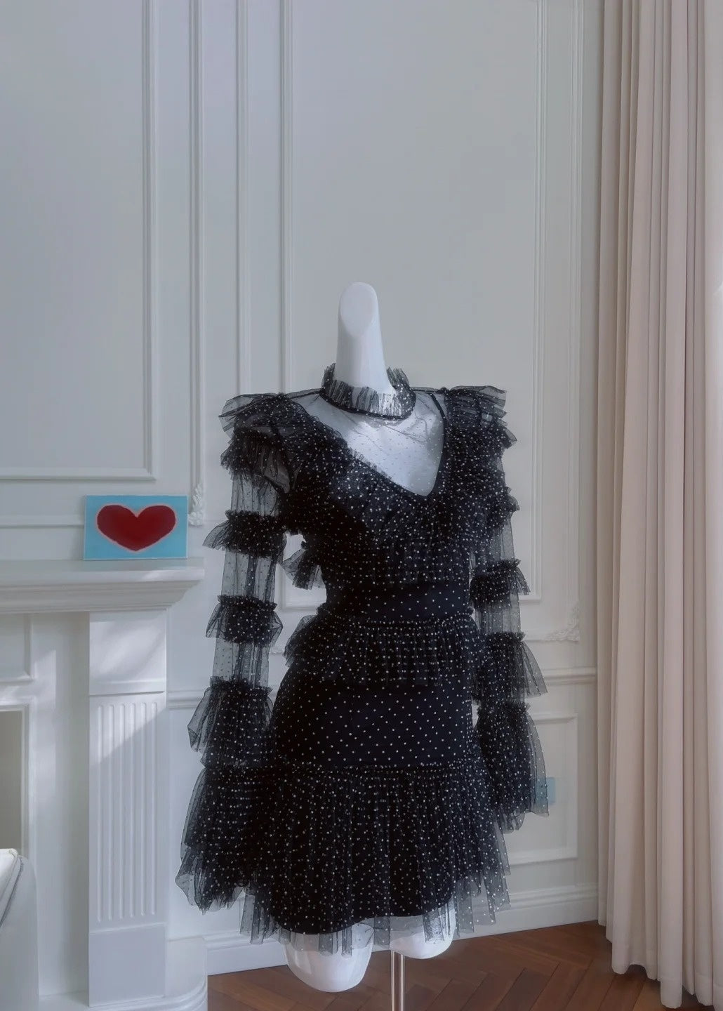 Unique Long Sleeve Black Homecoming Dress Dots Tulle A-Line Birthday Dress GG6012