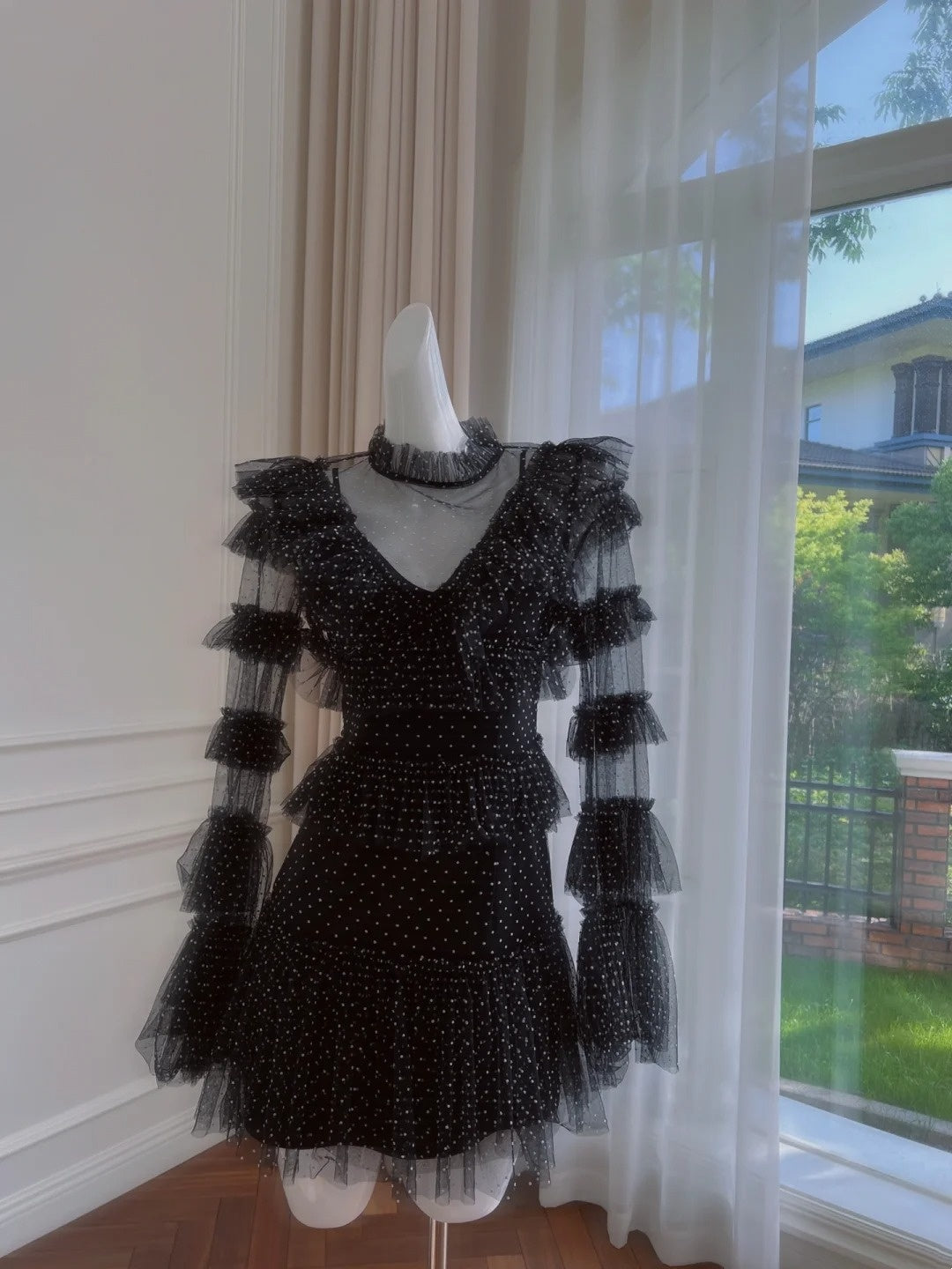 Unique Long Sleeve Black Homecoming Dress Dots Tulle A-Line Birthday Dress GG6012