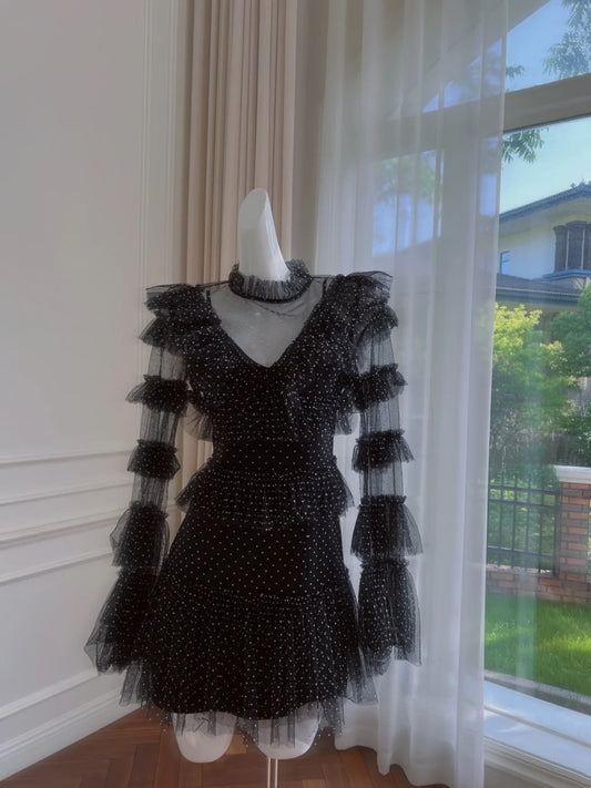Unique Long Sleeve Black Homecoming Dress Dots Tulle A-Line Birthday Dress GG6012