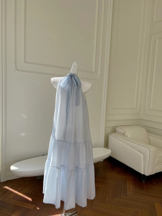 Flowy Halter Neck Blue Prom Dress A-Line Evening Dress GG6013