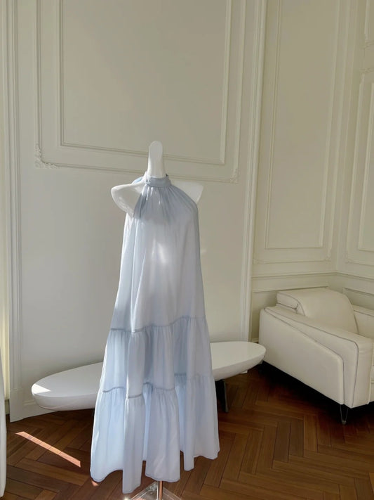 Flowy Halter Neck Blue Prom Dress A-Line Evening Dress GG6013