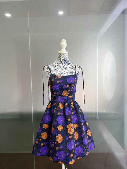 Charming Spaghetti Straps Purple Homecoming Dress Floral A-Line Birthday Dress GG6016
