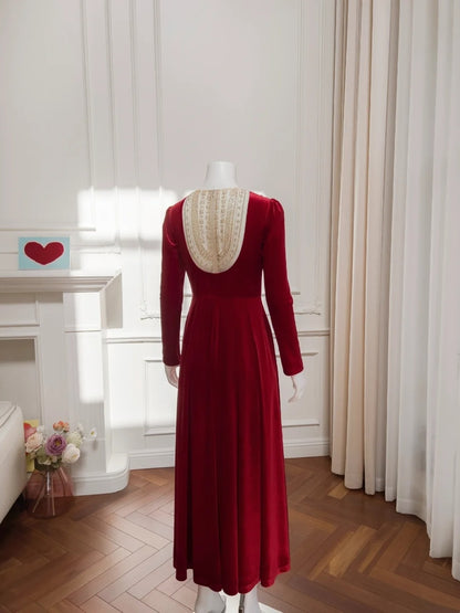 Elegant Illusion Neck Red Prom Dress Velvet Beaded Long Sleeve A-Line Evening Dress GG6017