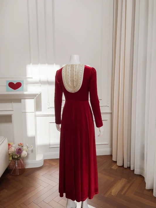 Elegant Illusion Neck Red Prom Dress Velvet Beaded Long Sleeve A-Line Evening Dress GG6017