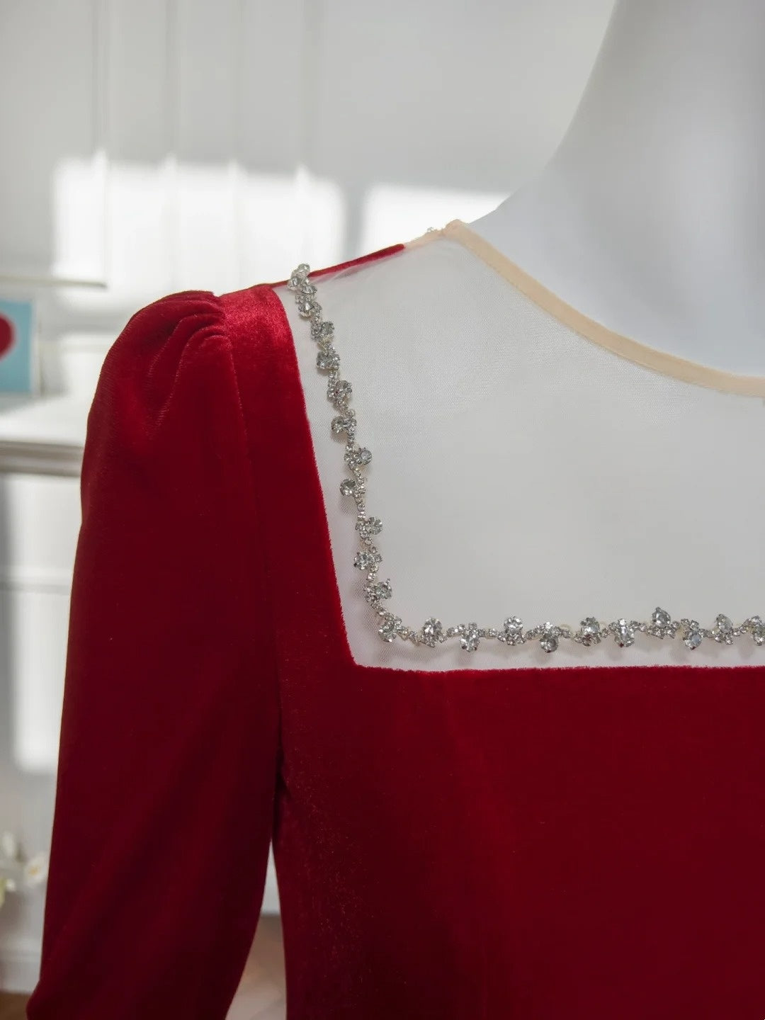 Elegant Illusion Neck Red Prom Dress Velvet Beaded Long Sleeve A-Line Evening Dress GG6017