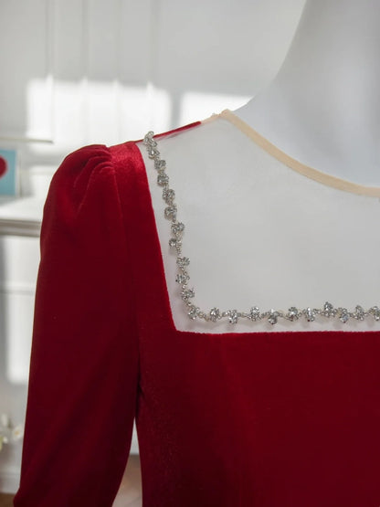 Elegant Illusion Neck Red Prom Dress Velvet Beaded Long Sleeve A-Line Evening Dress GG6017