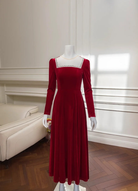 Elegant Illusion Neck Red Prom Dress Velvet Beaded Long Sleeve A-Line Evening Dress GG6017