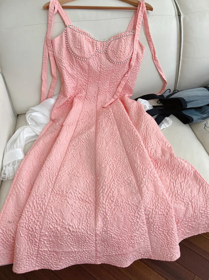 Sweet Spaghetti Straps Pink Prom Dress Beaded Textured A-Line Evening Dress GG6018