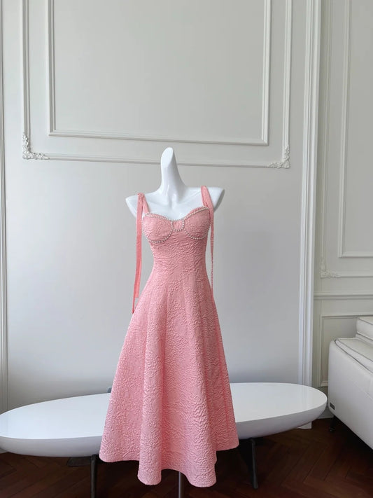Sweet Spaghetti Straps Pink Prom Dress Beaded Textured A-Line Evening Dress GG6018