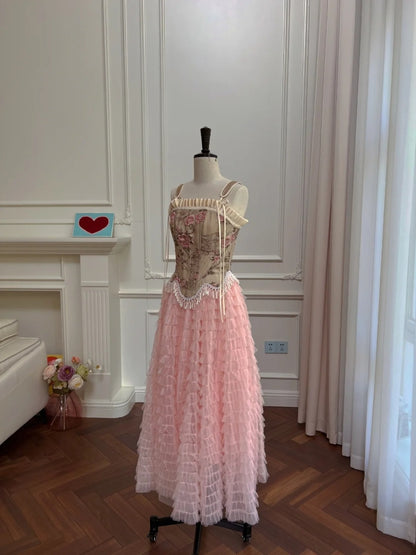 Romantic Spaghetti Straps Pink Prom Dress Floral Tassel Bodice A-Line Evening Dress GG6019