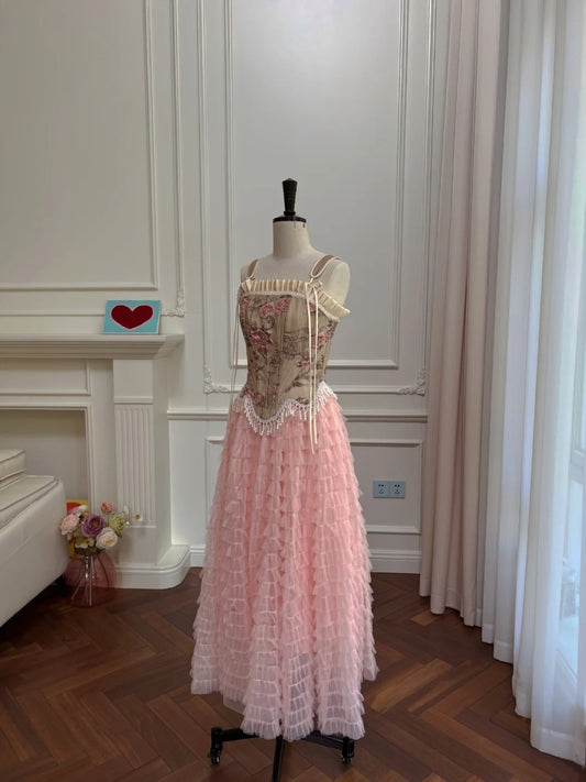 Romantic Spaghetti Straps Pink Prom Dress Floral Tassel Bodice A-Line Evening Dress GG6019