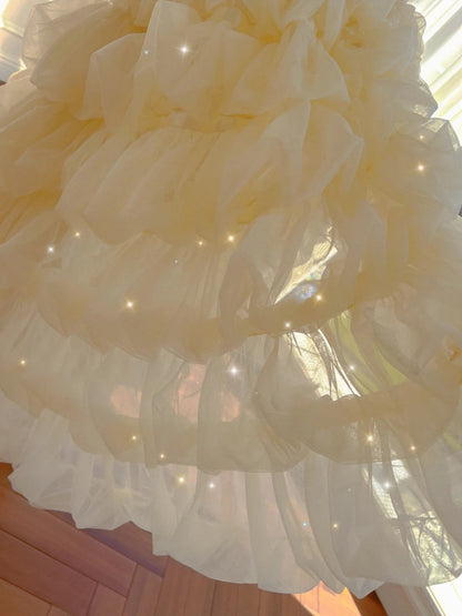 Charming Ruffles Yellow Prom Dress Appliques A-Line Evening Dress GG6020