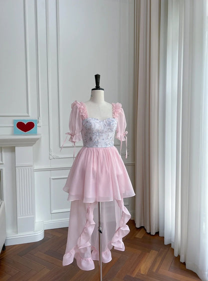 Adorable Short Sleeve Pink Homecoming Dress Ruffles Tulle Floral A-Line Birthday Dress GG6022