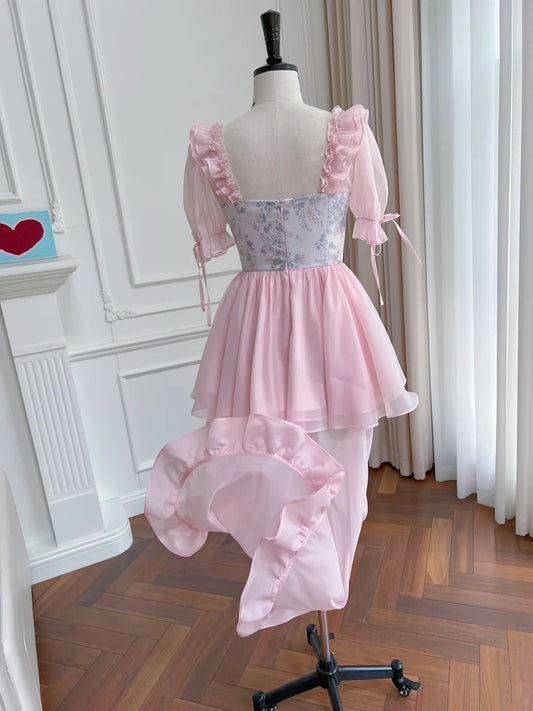 Adorable Short Sleeve Pink Homecoming Dress Ruffles Tulle Floral A-Line Birthday Dress GG6022
