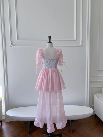 Adorable Short Sleeve Pink Homecoming Dress Ruffles Tulle Floral A-Line Birthday Dress GG6022