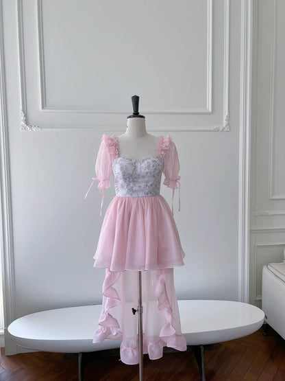 Adorable Short Sleeve Pink Homecoming Dress Ruffles Tulle Floral A-Line Birthday Dress GG6022