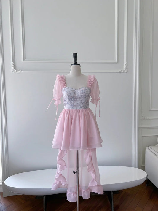 Adorable Short Sleeve Pink Homecoming Dress Ruffles Tulle Floral A-Line Birthday Dress GG6022