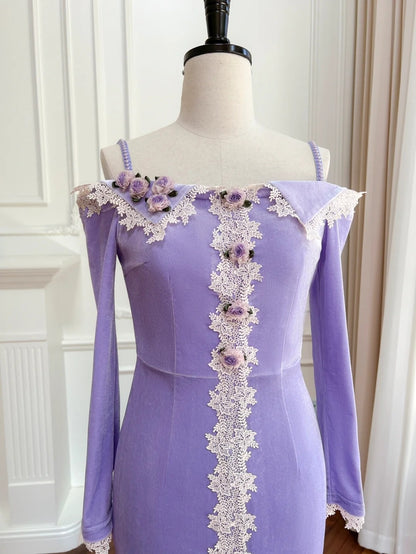 Charming Lace Purple Prom Dress Long Sleeve Appliques Mermaid Evening Dress GG6023