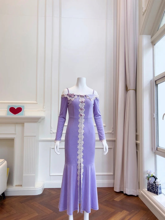 Charming Lace Purple Prom Dress Long Sleeve Appliques Mermaid Evening Dress GG6023