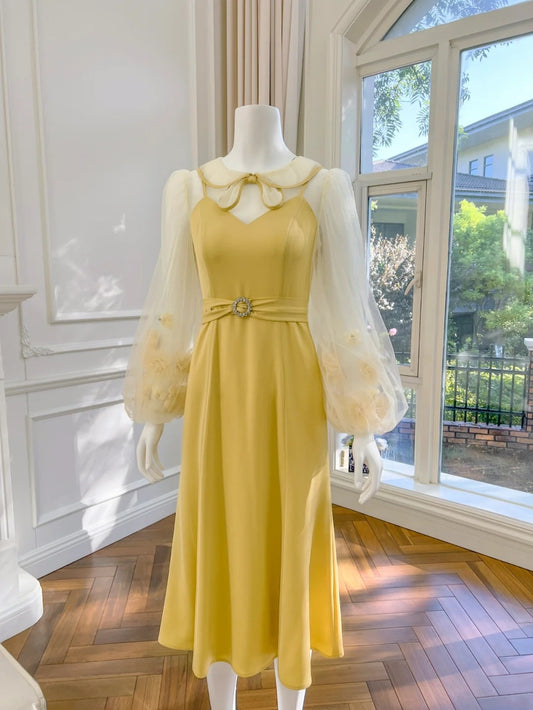 Lovely Flowers Yellow Prom Dress Long Sleeve A-Line Evening Dress GG6024