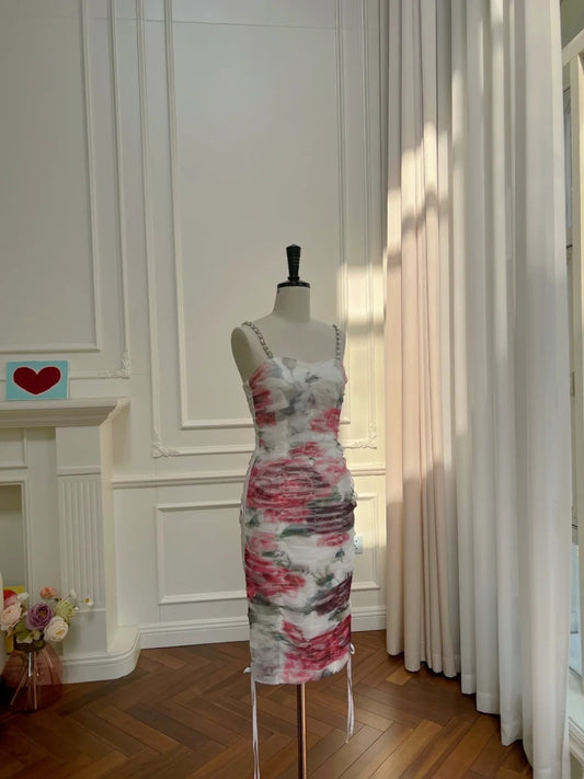 Alluring Spaghetti Straps Beaded Homecoming Dress Floral Bodycon Birthday Dress GG6028