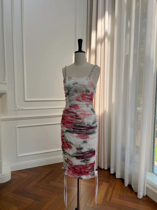 Alluring Spaghetti Straps Beaded Homecoming Dress Floral Bodycon Birthday Dress GG6028