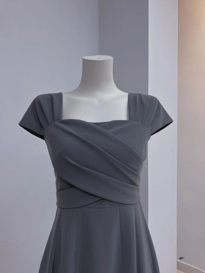 Simple Grey Prom Dress Short Sleeve A-Line Evening Dress GG6029