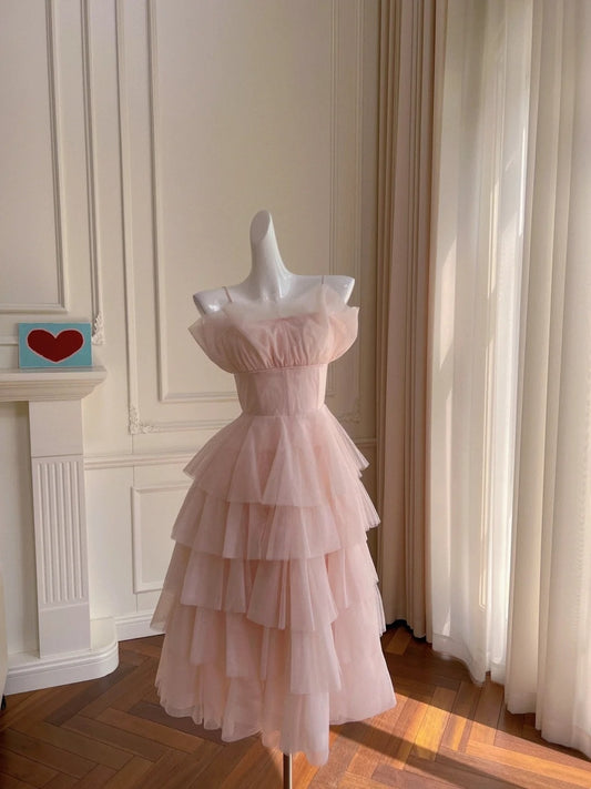 Romantic Tiered Tulle Pink Prom Dress Spaghetti Straps A-Line Evening Dress GG6032