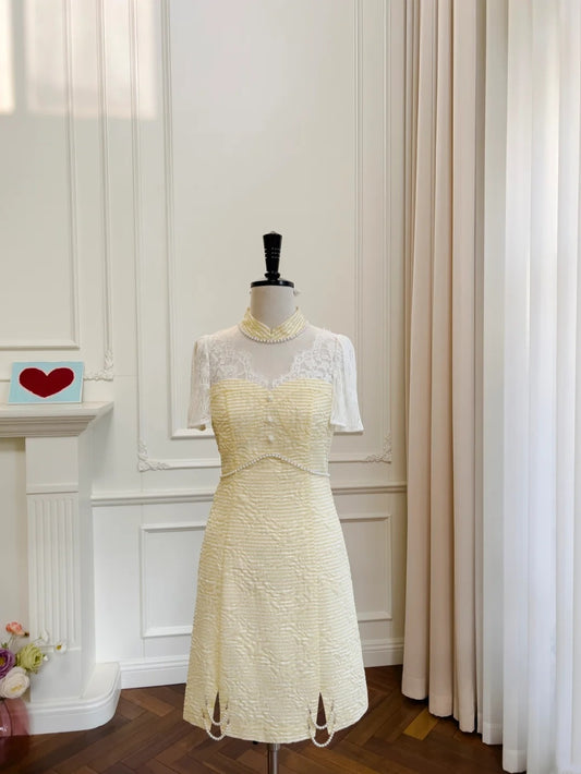 Charming Short Sleeve Yellow Homecoming Dress Lace Beading A-Line Birthday Dress GG6033