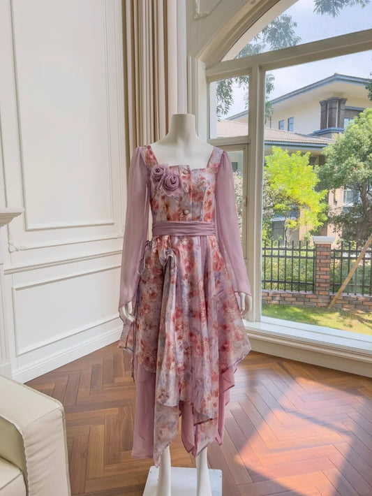 Trendy Long Sleeve Floral Homecoming Dress Ruffles Chiffon A-Line Birthday Dress GG6034