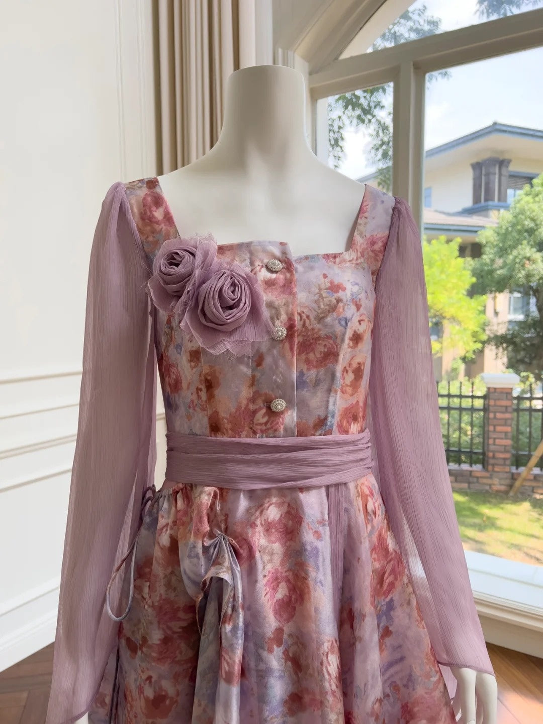 Trendy Long Sleeve Floral Homecoming Dress Ruffles Chiffon A-Line Birthday Dress GG6034