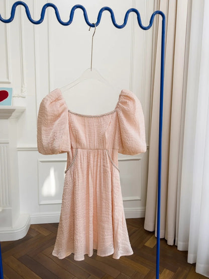 Unique Short Sleeve Blush Homecoming Dress Beaded A-Line Birthday Dress GG6035
