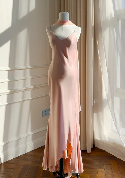 Elegant Lace Pink Prom Dress Spaghetti Straps Satin Mermaid Evening Dress GG6036