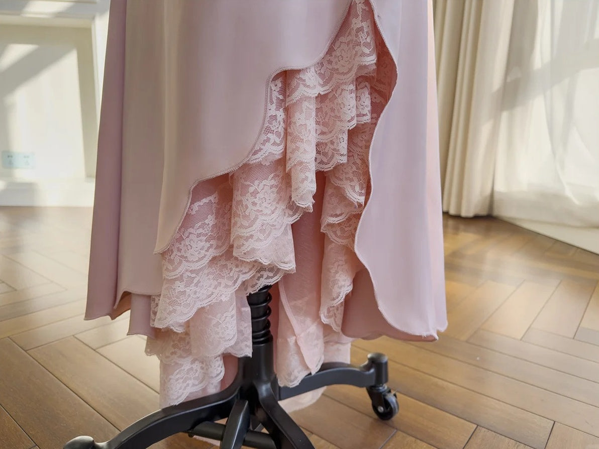 Elegant Lace Pink Prom Dress Spaghetti Straps Satin Mermaid Evening Dress GG6036
