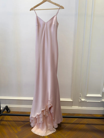 Elegant Lace Pink Prom Dress Spaghetti Straps Satin Mermaid Evening Dress GG6036