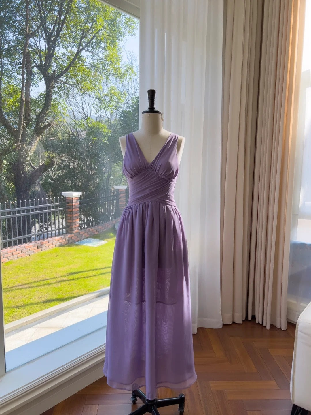 Chic V Neck Purple Prom Dress Chiffon A-Line Evening Dress GG6038
