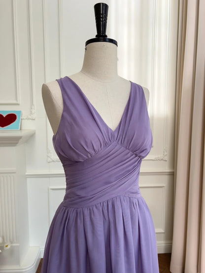 Chic V Neck Purple Prom Dress Chiffon A-Line Evening Dress GG6038