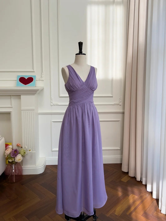 Chic V Neck Purple Prom Dress Chiffon A-Line Evening Dress GG6038