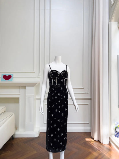Charming Spaghetti Straps Beaded Black Prom Dress Floral Slit Sheath Evening Dress GG6039