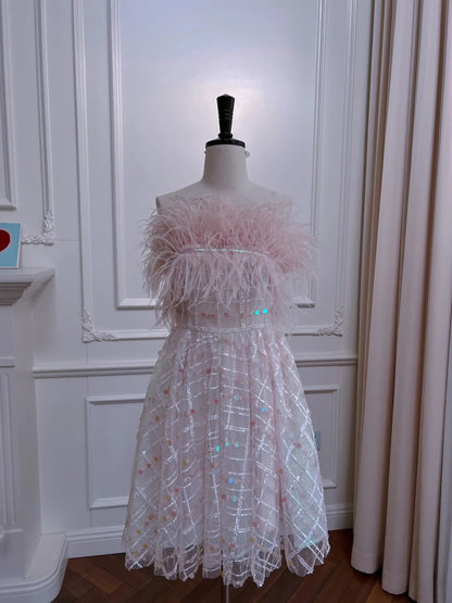 Glittering Strapless Pink Homecoming Dress Sequins Feather A-Line Birthday Dress GG6041