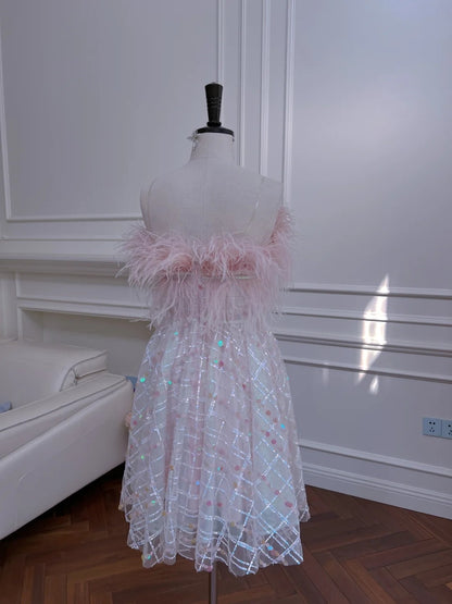 Glittering Strapless Pink Homecoming Dress Sequins Feather A-Line Birthday Dress GG6041