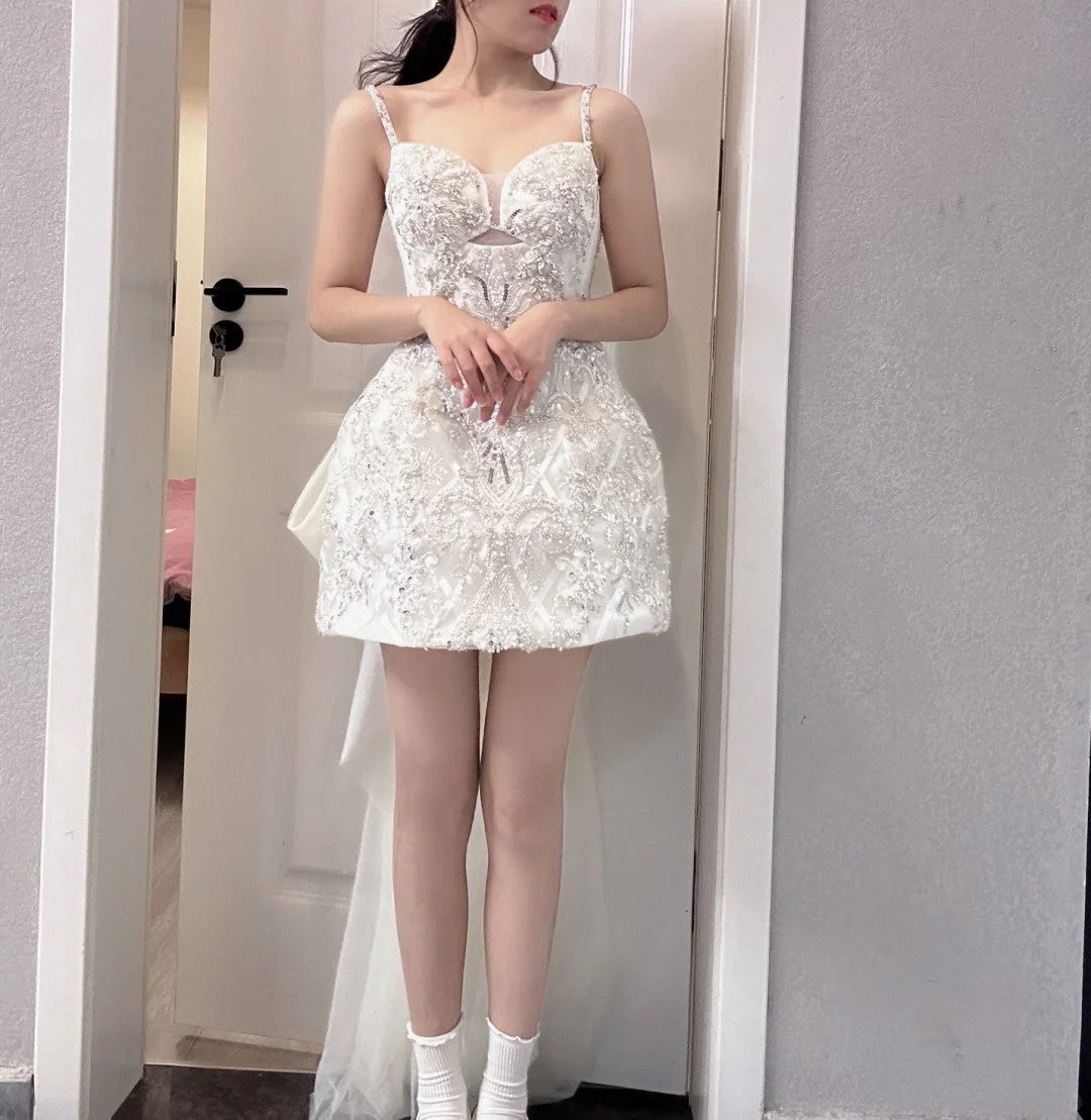 Sparkly Spaghetti Straps White Homecoming Dress Beaded A-Line Birthday Dress GG6043