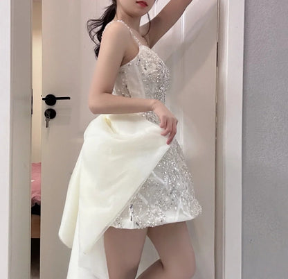 Sparkly Spaghetti Straps White Homecoming Dress Beaded A-Line Birthday Dress GG6043