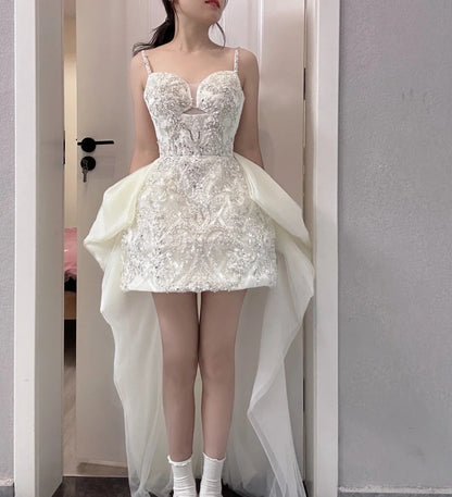Sparkly Spaghetti Straps White Homecoming Dress Beaded A-Line Birthday Dress GG6043
