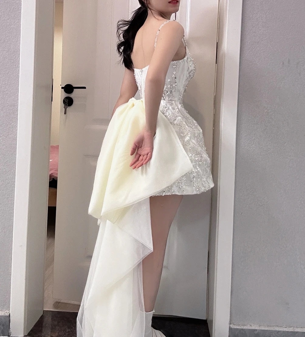 Sparkly Spaghetti Straps White Homecoming Dress Beaded A-Line Birthday Dress GG6043