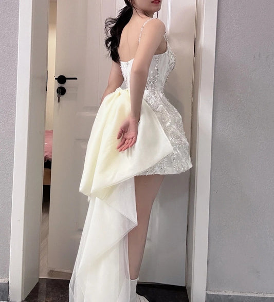 Sparkly Spaghetti Straps White Homecoming Dress Beaded A-Line Birthday Dress GG6043