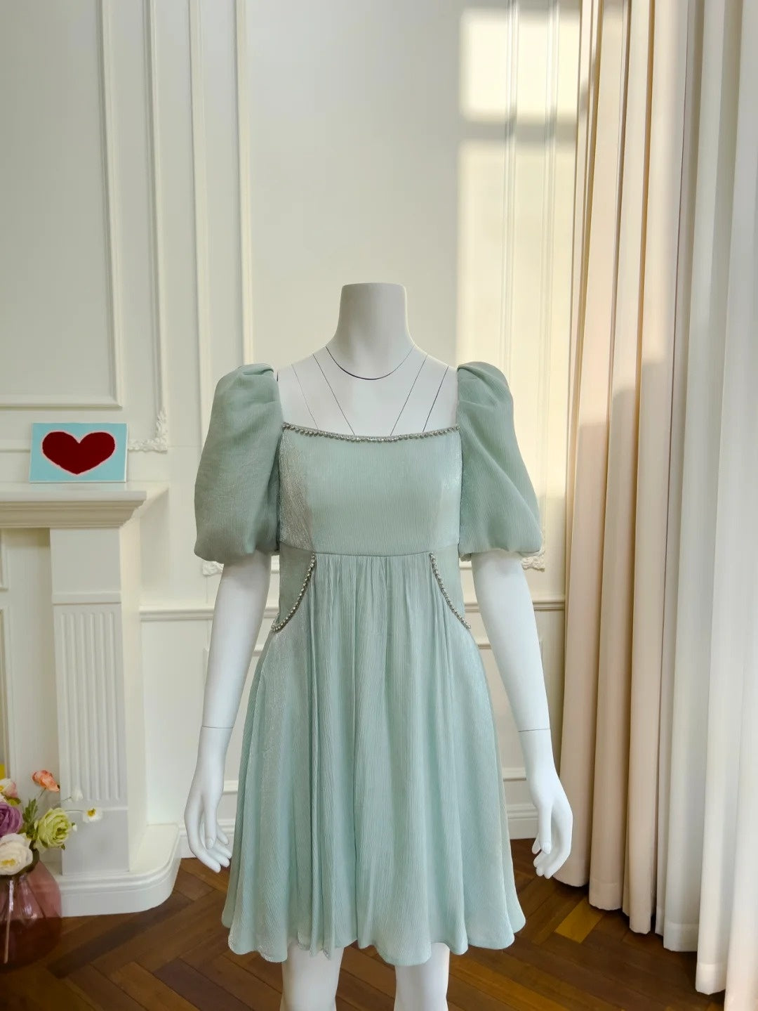 Sleek Short Sleeve Green Homecoming Dress Beaded A-Line Birthday Dress GG6045