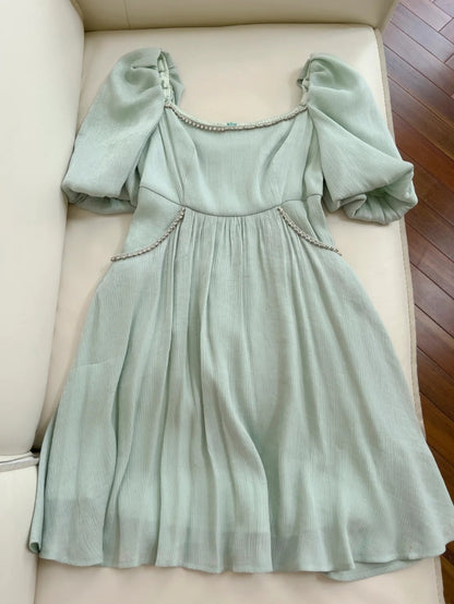 Sleek Short Sleeve Green Homecoming Dress Beaded A-Line Birthday Dress GG6045