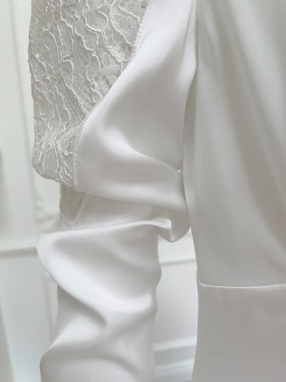 Elegant Lace WhiteProm Dress Long Sleeve A-Line Evening Dress GG6050
